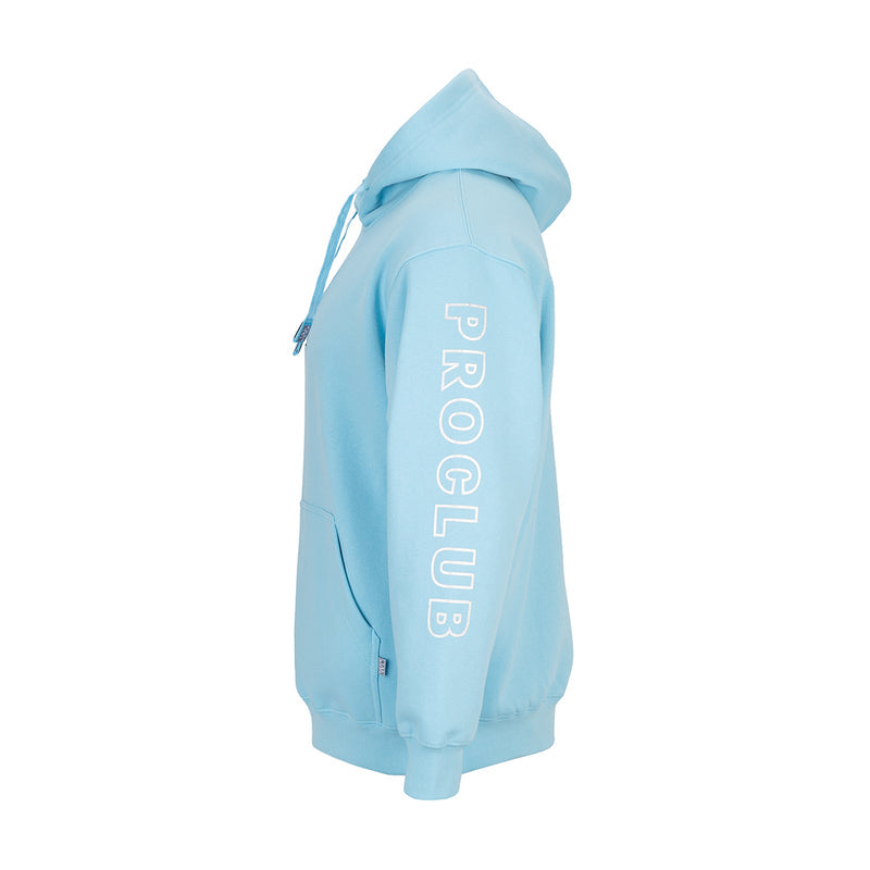 Carolina Blue hoodie with large embroidered 'PRO CLUB' vertical text on back, drawstring hood