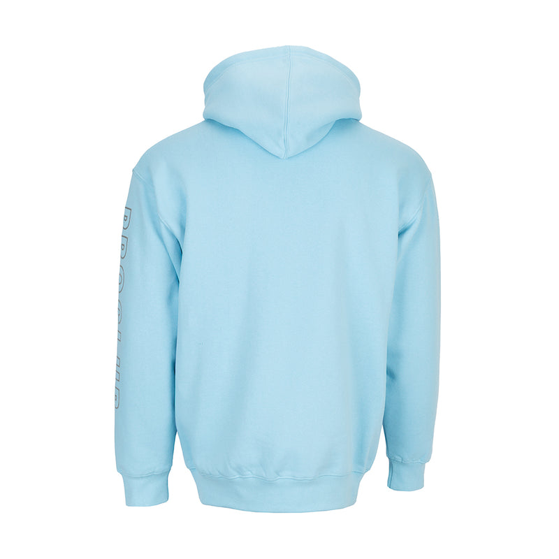 Carolina Blue hoodie back view with embroidered logo text on sleeve and ribbed hem, hood