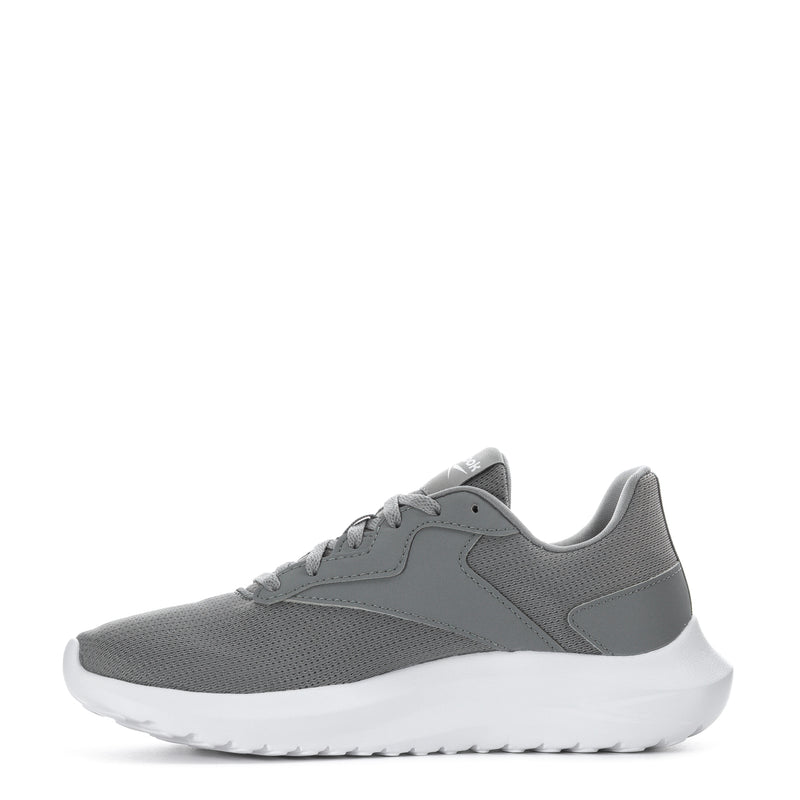 Gray youth running sneaker with lace-up front, white sole and padded collar