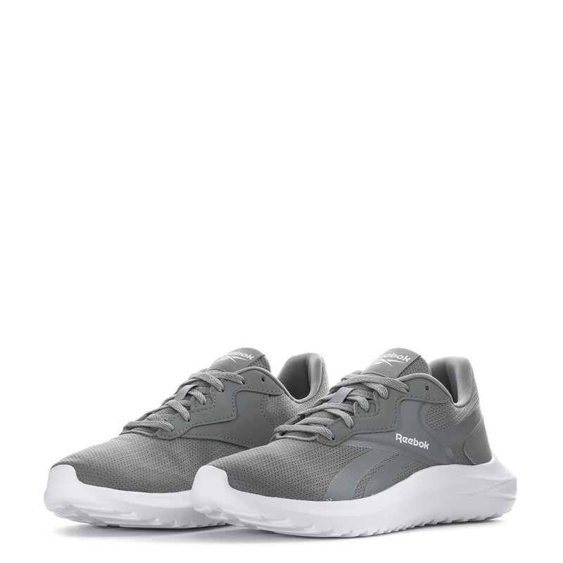 Pair of gray youth sneakers with lace-up design, white sole, and Reebok branding