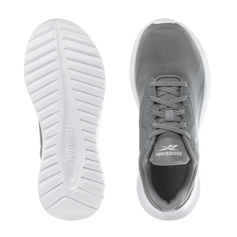 Shoe sole and inside view: gray youth sneaker with lace-up and white outsole