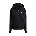 Women's black full-zip hoodie with hood, 3-stripe sleeves, kangaroo pocket