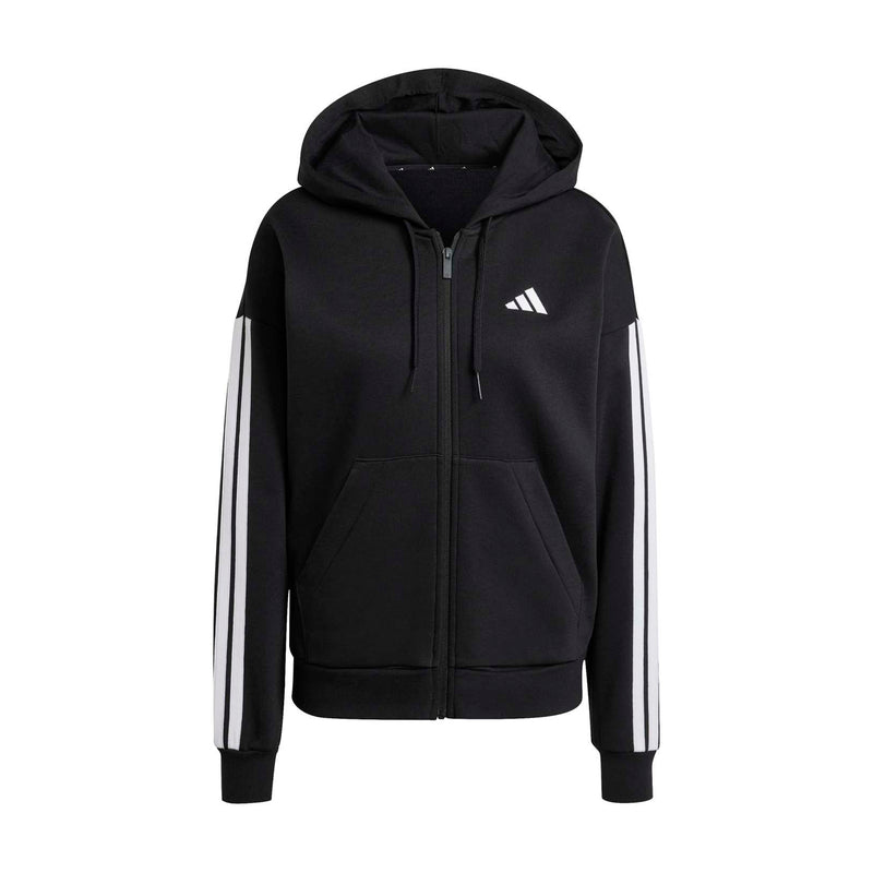 Women's black full-zip hoodie with hood, 3-stripe sleeves, kangaroo pocket
