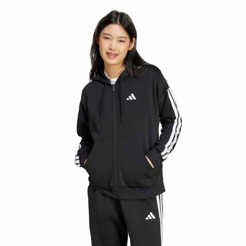 Women's black full-zip hoodie with hood and 3-stripe sleeves, adidas logo on chest