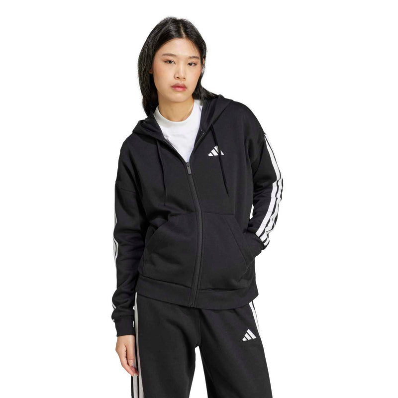 Women's black full-zip hoodie with hood and 3-stripe sleeves, adidas logo