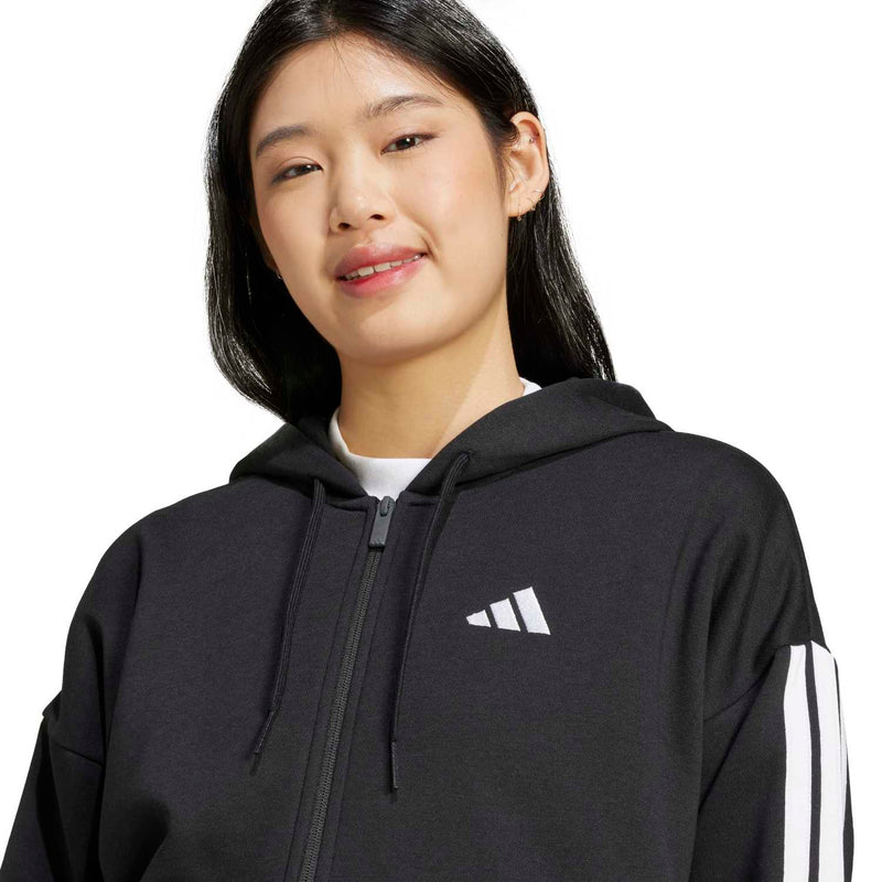 Women's black zip hoodie hood with adidas logo and drawstrings, 3-stripe sleeve accent