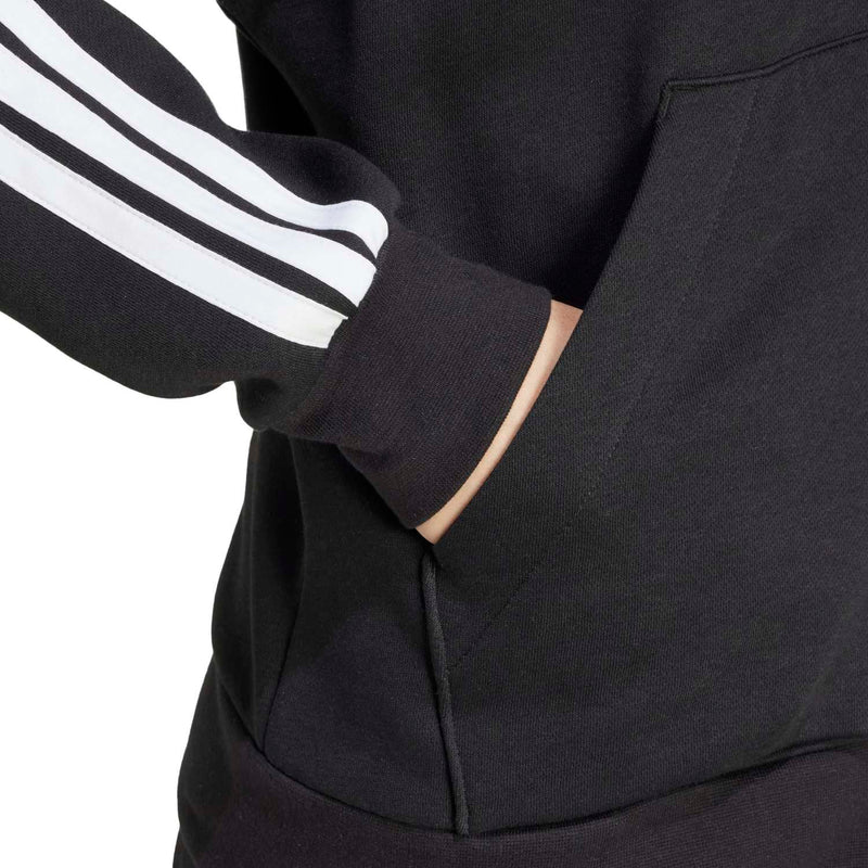 Women's black hoodie with kangaroo pocket and ribbed cuffs, 3-stripe sleeve