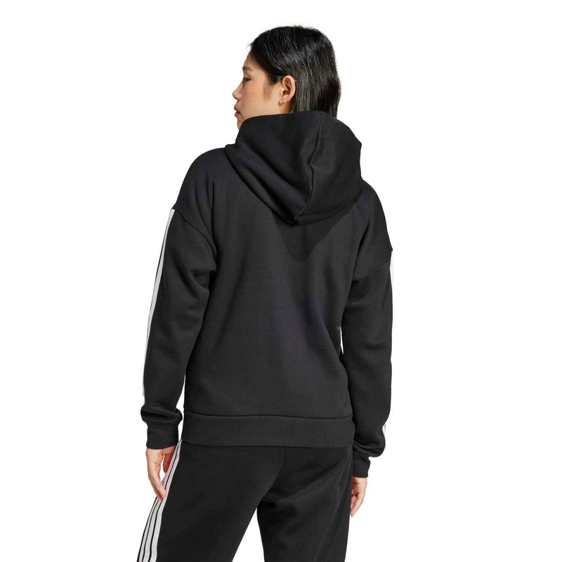 Women's black full-zip hoodie with hood, 3-stripe sleeves, back view
