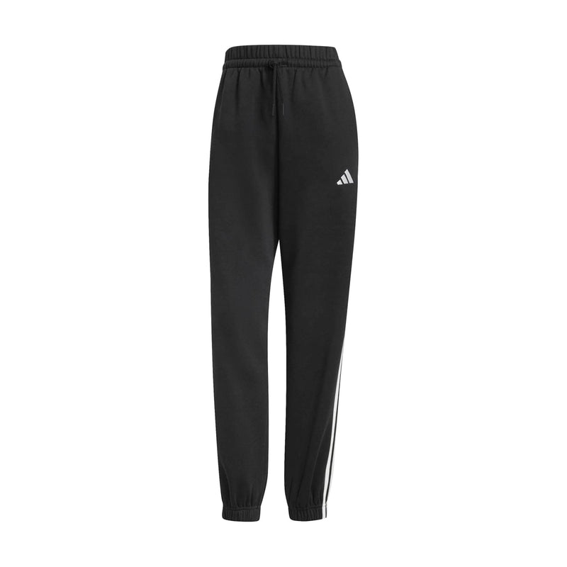 Women’s black loose track pants with white 3-stripe sides and elastic waistband.