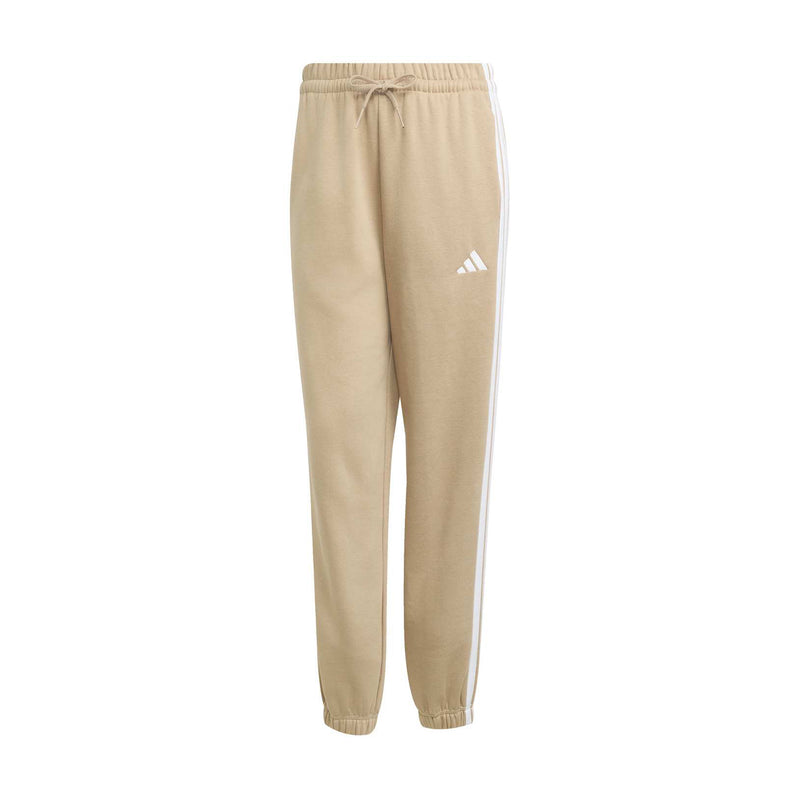 Warm sandstone women’s loose pants with elastic cuffs and white 3-stripe side detail