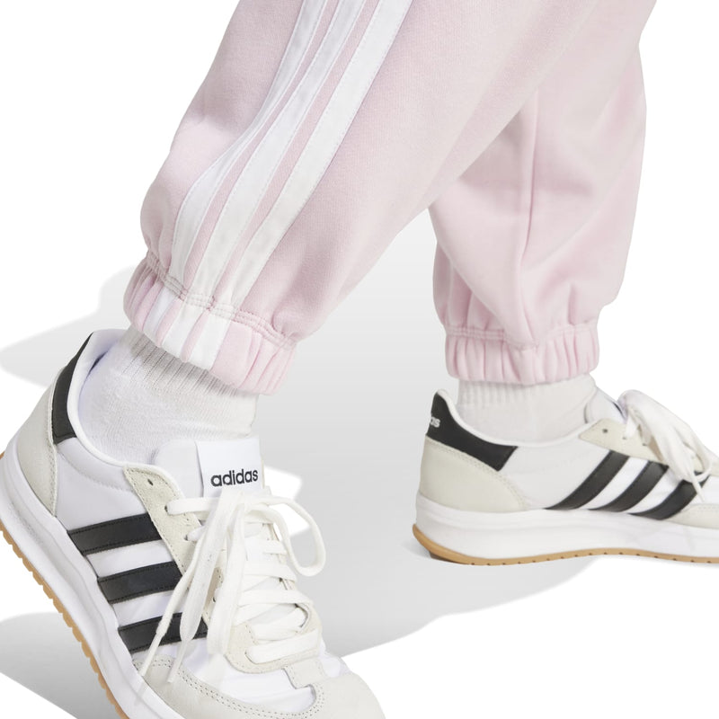 Clear Pink jogger-style pants with white 3-stripe accents and elastic ankle cuffs