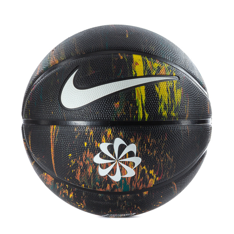 Black basketball with graffiti splatter, white Nike swoosh and flower emblem