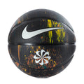 Black basketball with graffiti splatter, white Nike swoosh and flower emblem
