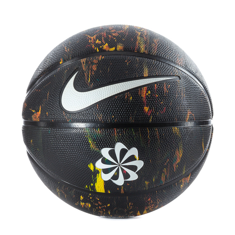 Black basketball with graffiti splashes, white Nike swoosh and white flower logo