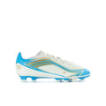 Youth soccer cleats in ivory and blue, lace-up with FG studs