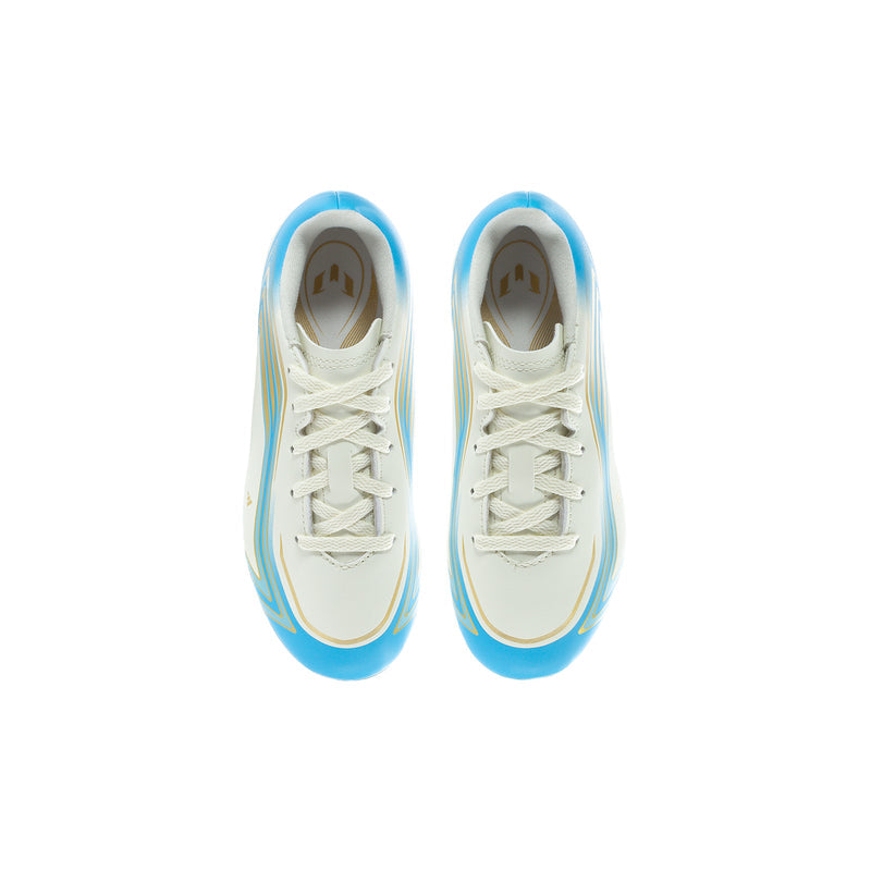 Youth soccer cleats, pair with ivory uppers and blue trim, lace-up