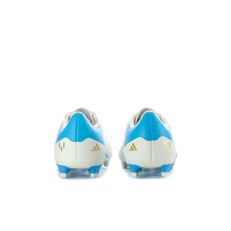 Youth soccer cleats, heel view with blue-and-ivory back panel