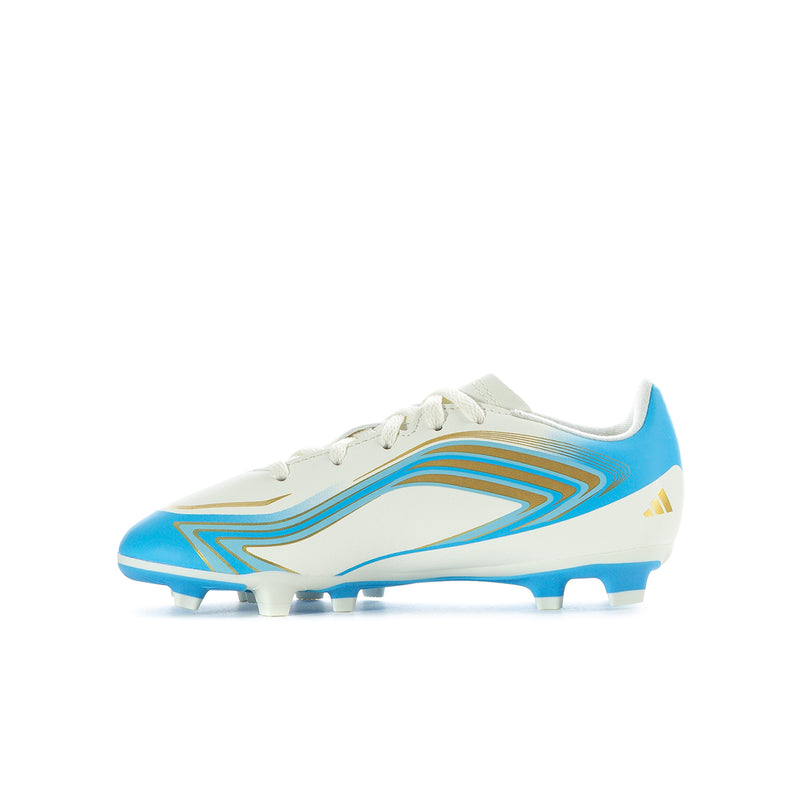 Youth soccer cleats, front-side view in ivory and blue FG studs