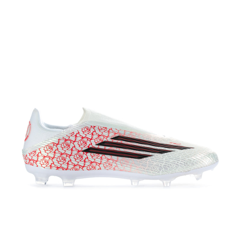Men's white football cleats with red rose print and black stripe detail