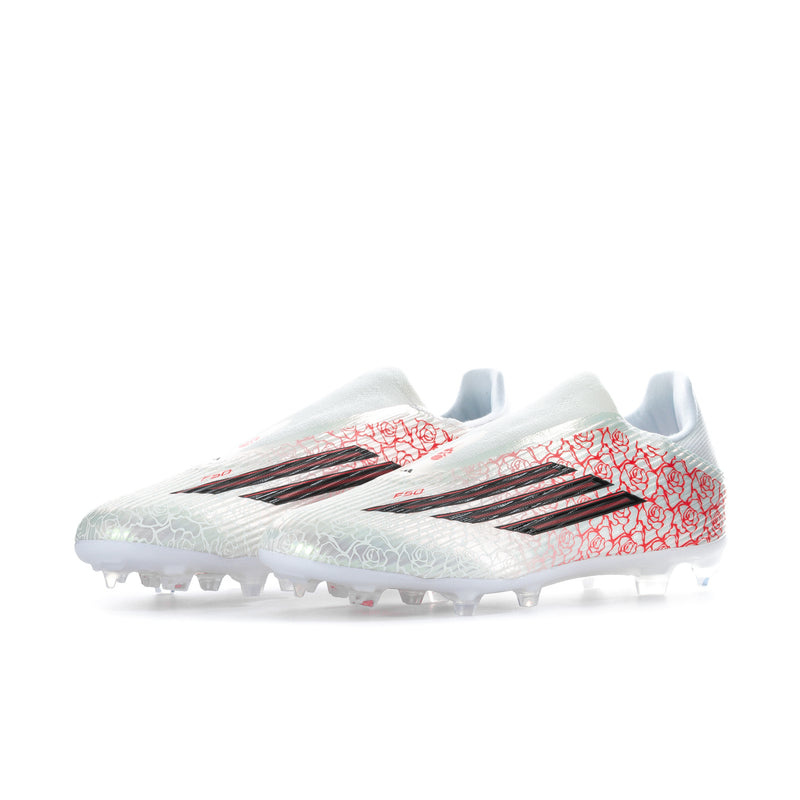 Men's white football cleats with red graphic print and black speed stripes