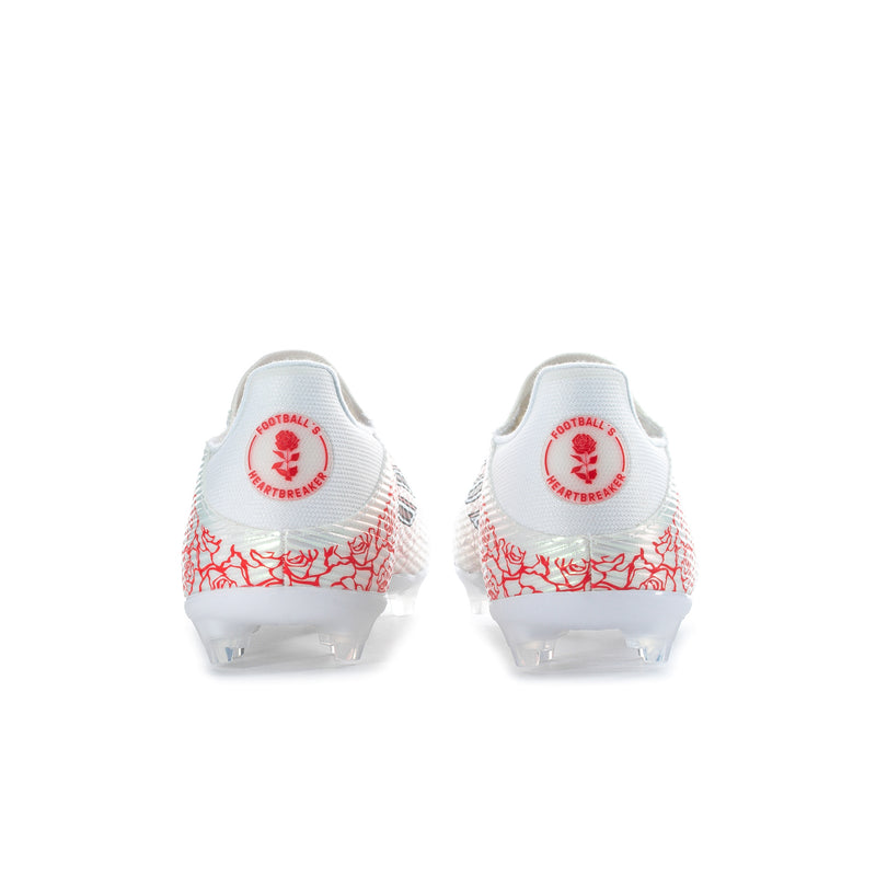 Men's white cleats with red rose print heel and rear branding detail
