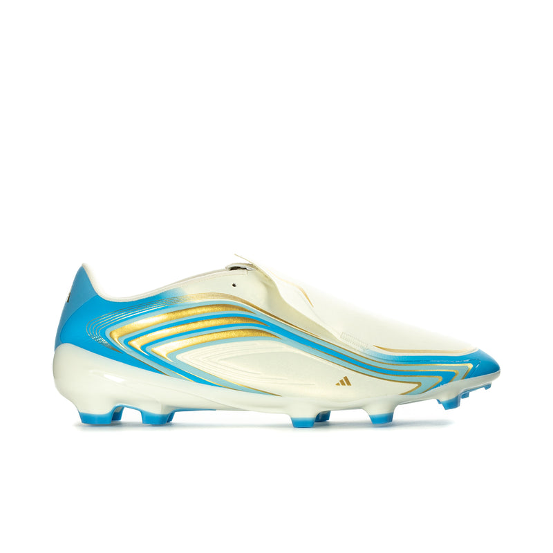 Men's low-cut soccer cleat, ivory with blue wave graphics, molded blue studs