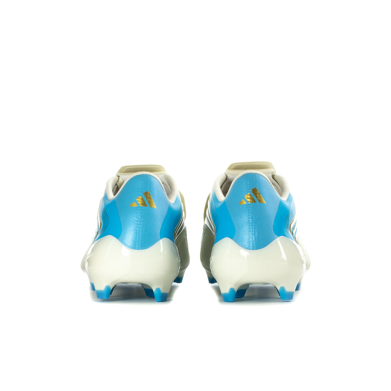 Men's low soccer cleat heels, ivory and bright blue back panels with gold logo