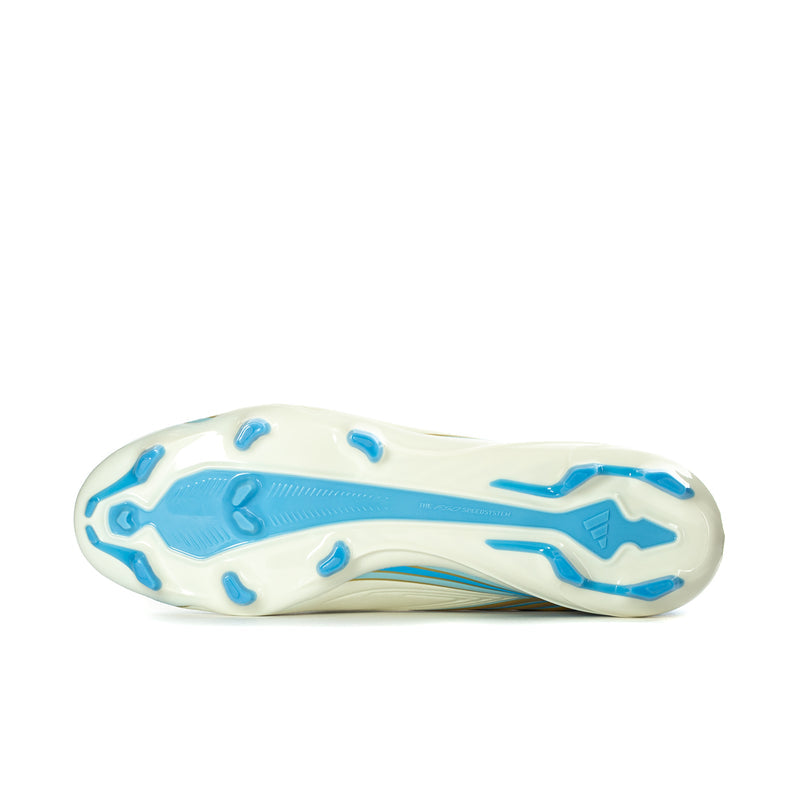 Men's soccer cleat outsole, ivory plate with blue traction pattern and molded studs