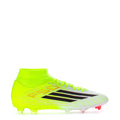Neon green mens mid-cut soccer cleats with black logo stripes and red accents