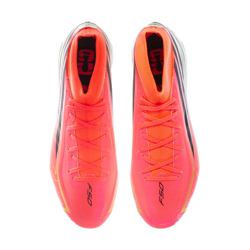 Pair of men's mid soccer cleats, bright pink laces and side branding on the upper