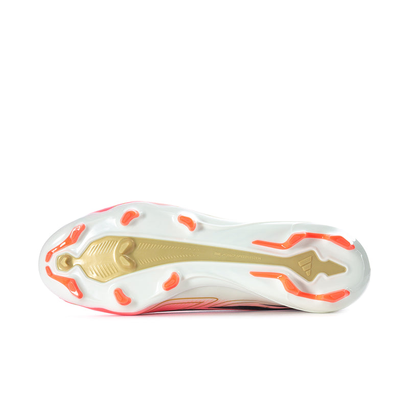 Bottom view of men's soccer cleat outsole: white plate with orange studs and traction shapes