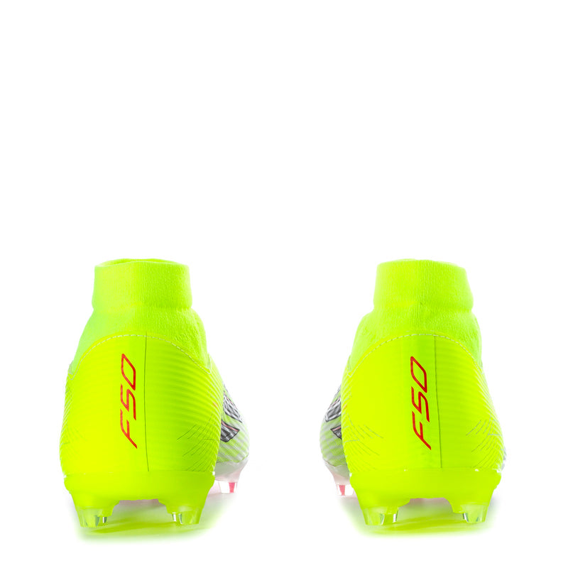 Neon green mens soccer cleats, rear view with black heel branding and molded studs