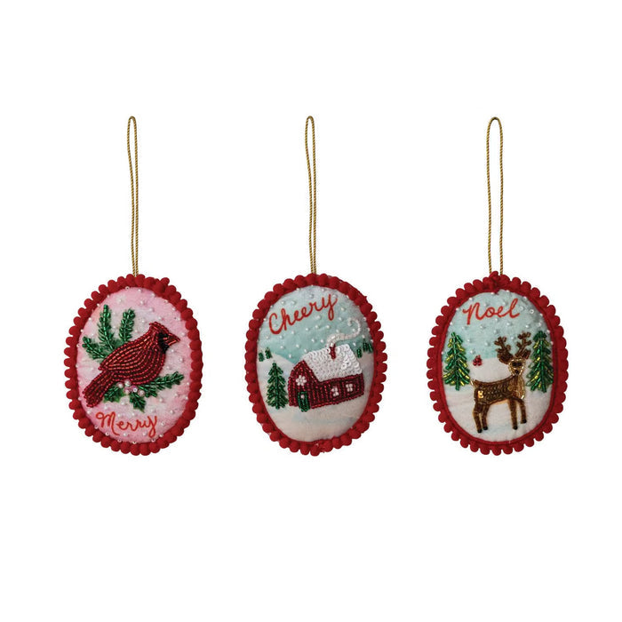 Fabric & Glass Beaded Ornament w/ Holiday Image