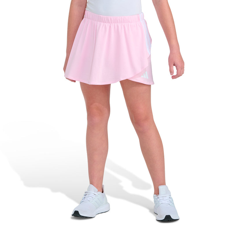 Youth skort with light pink faux-wrap panels and elastic waistband, above-knee length