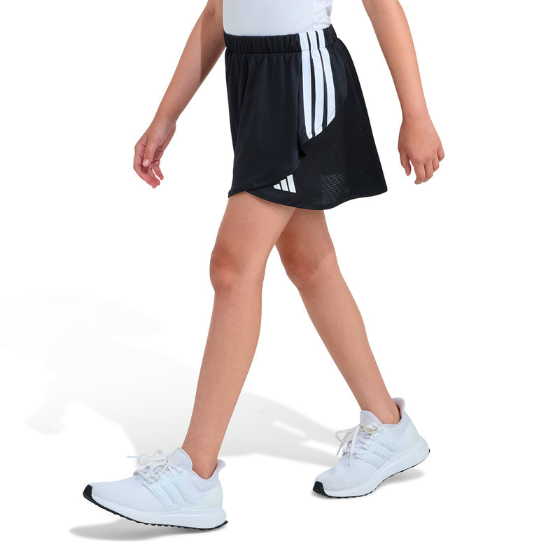 Youth black skort with elastic waistband, side drape, and three white stripe detail