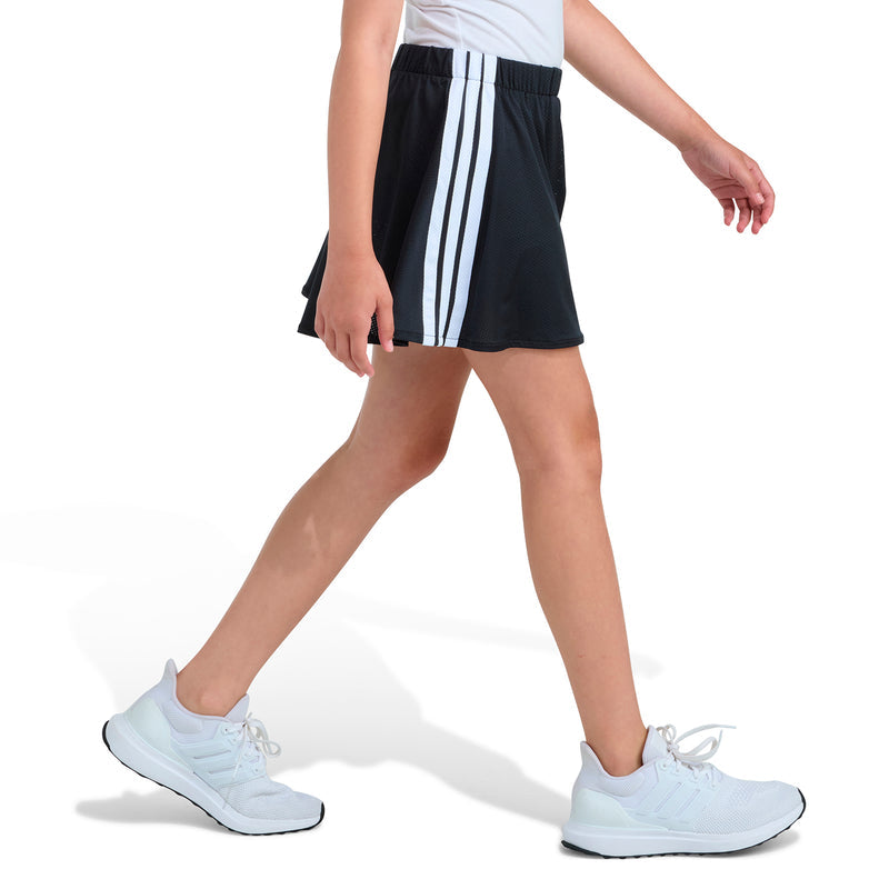 Youth black skort with elastic waistband and three white vertical stripes on left side
