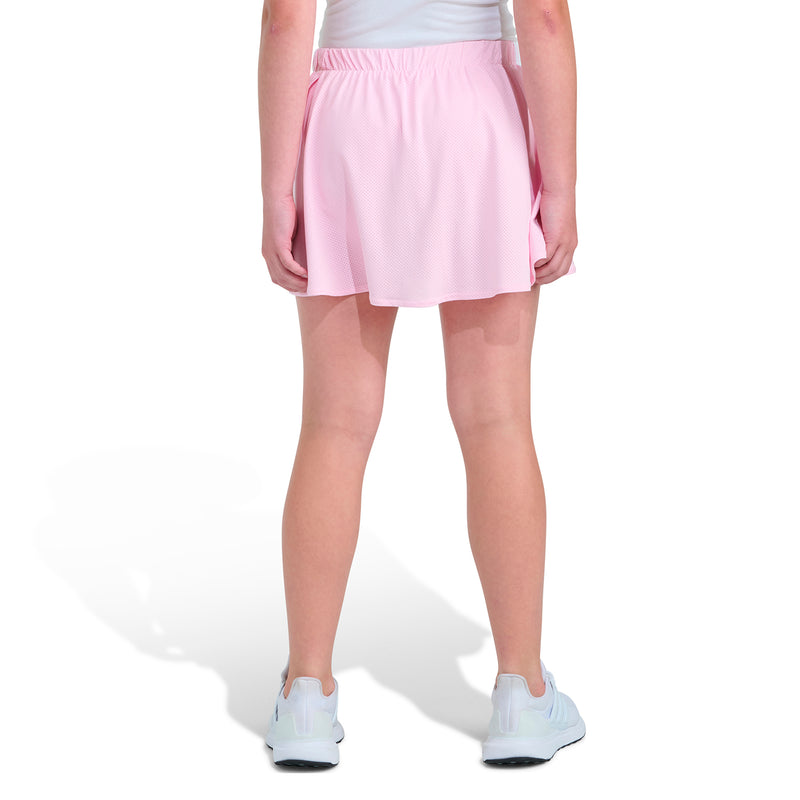 Youth faux wrap skort in light pink, elastic waistband and layered flutter hem