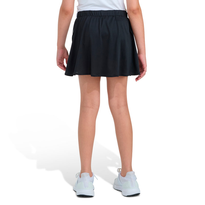 Youth black skort with elastic waistband and pleated A-line skirt silhouette
