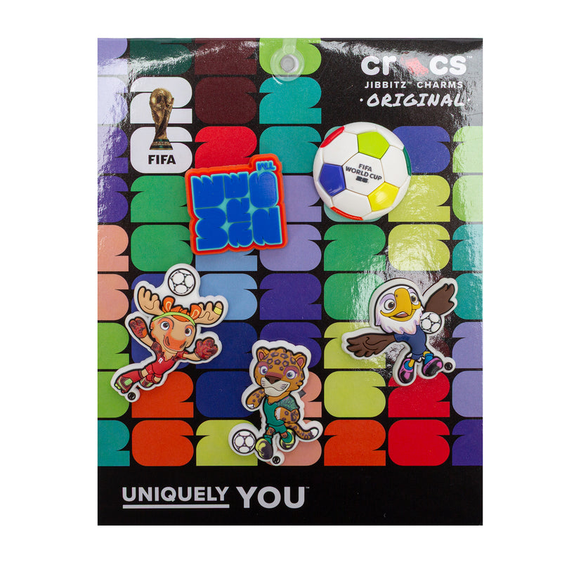 FIFA 26 5-pack Jibbitz charms with soccer ball and cartoon player designs