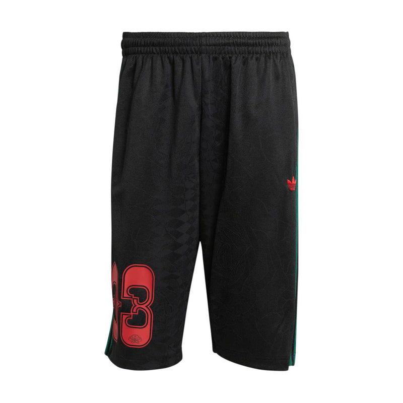 Men's black basketball shorts with elastic waist, red 83 graphic, and green side stripes