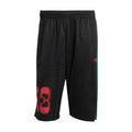 Men's black basketball shorts with elastic waist, red 83 graphic, and green side stripes