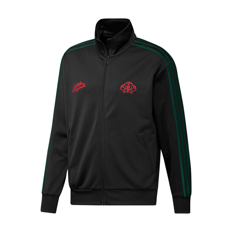 Men's black tracktop with full zip, stand collar, green side stripes, red rose logos