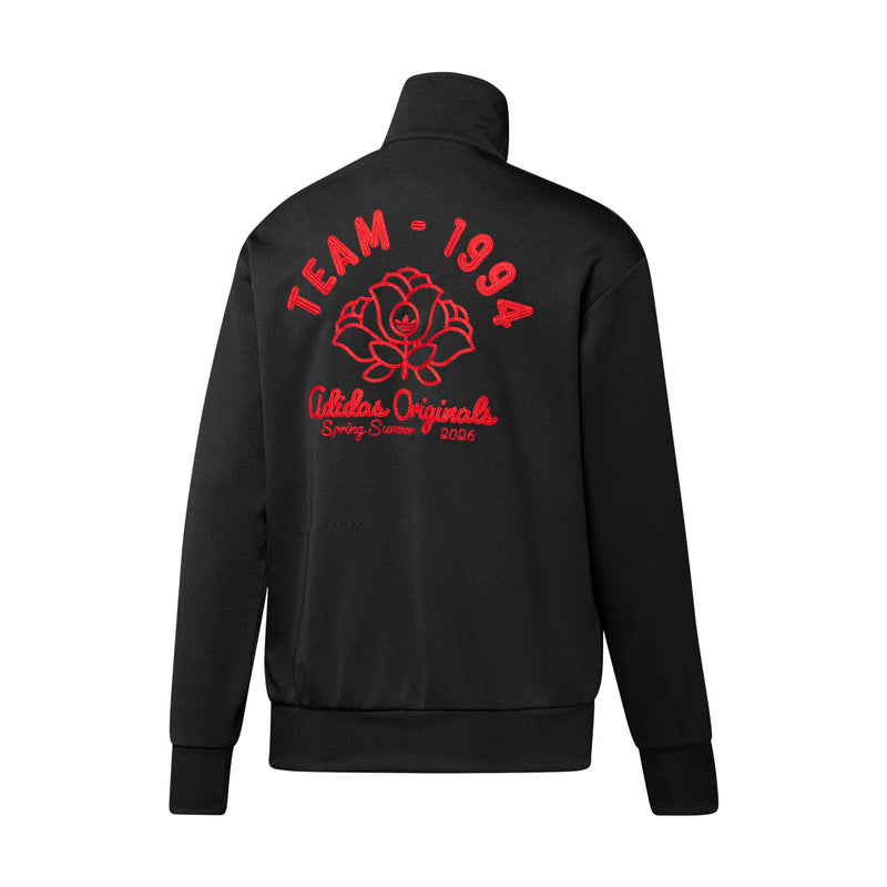 Men's black tracktop with stand collar and red back rose graphic