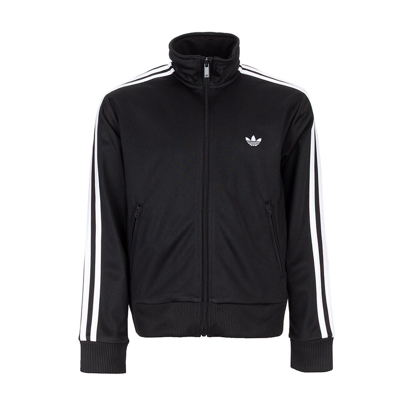 Youth black track jacket with full-zip and striped sleeves, standing collar, trefoil logo