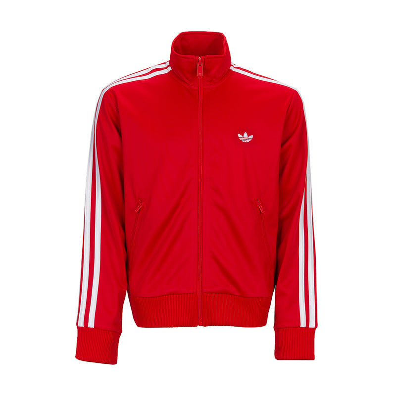 Youth red track jacket with full-zip and white triple side stripes, stand collar