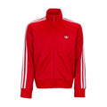 Youth red track jacket with full-zip and white triple side stripes, stand collar