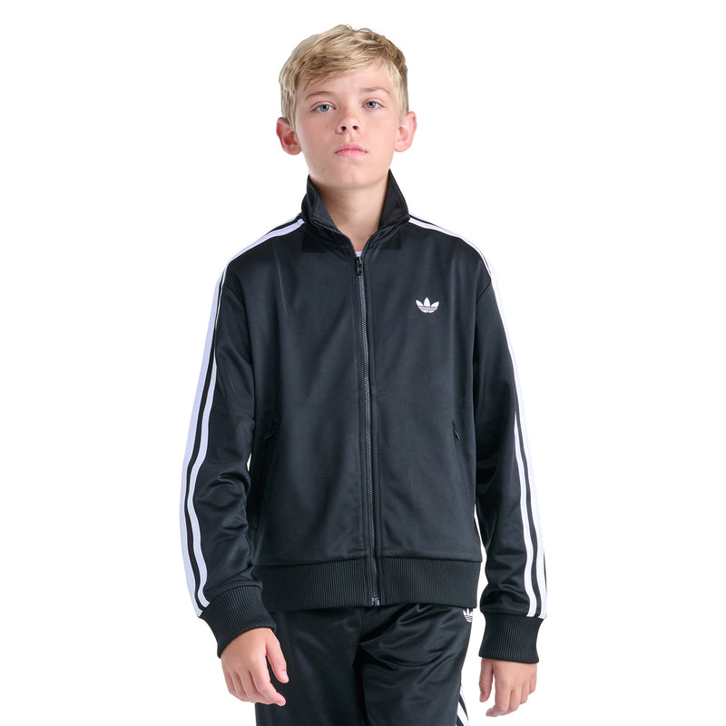 Youth black track jacket with full-zip front, striped sleeve details, trefoil logo