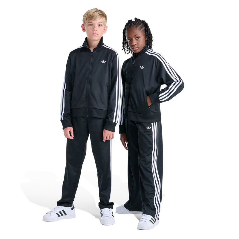 Youth black track jacket set with full-zip front and white triple-stripe sleeves