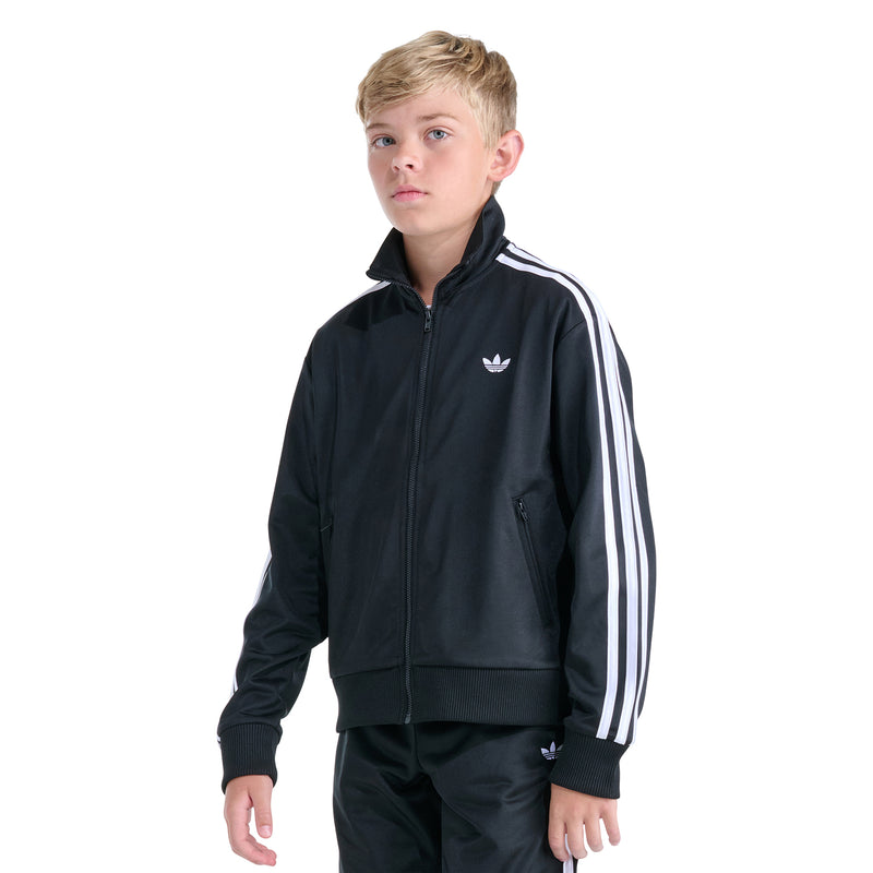 Youth black track jacket with full-zip, white sleeve stripes, side pockets and trefoil logo
