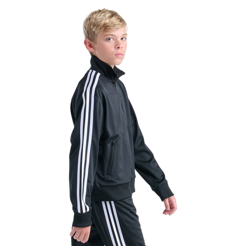 Youth black track jacket side view with white triple stripes on sleeves and zipped collar